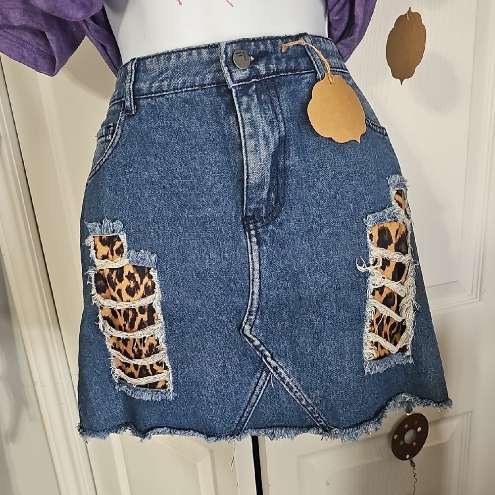 Denim Skirt with Leopard Print Accents